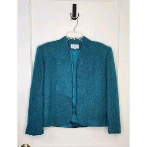 Vintage Lombardi Inc. Womens Mohair Blazer Jacket Open Front Teal Blue Sz 10